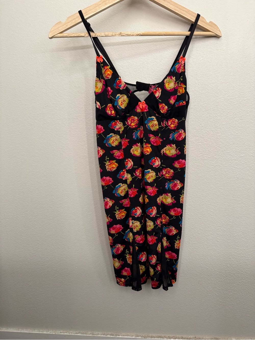 Betsey Johnson Black Floral Slip with Multicolor Rose Print